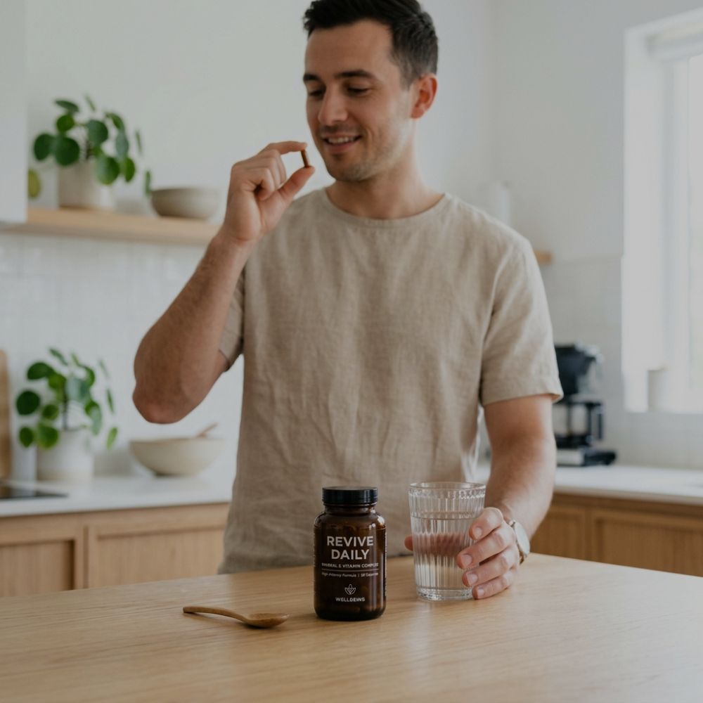 A man in a beige linen shirt stands in a bright kitchen, holding a small pill between his fingers and looking at a bottle labeled 'REVIVE DAILY' on the table next to a glass of water.