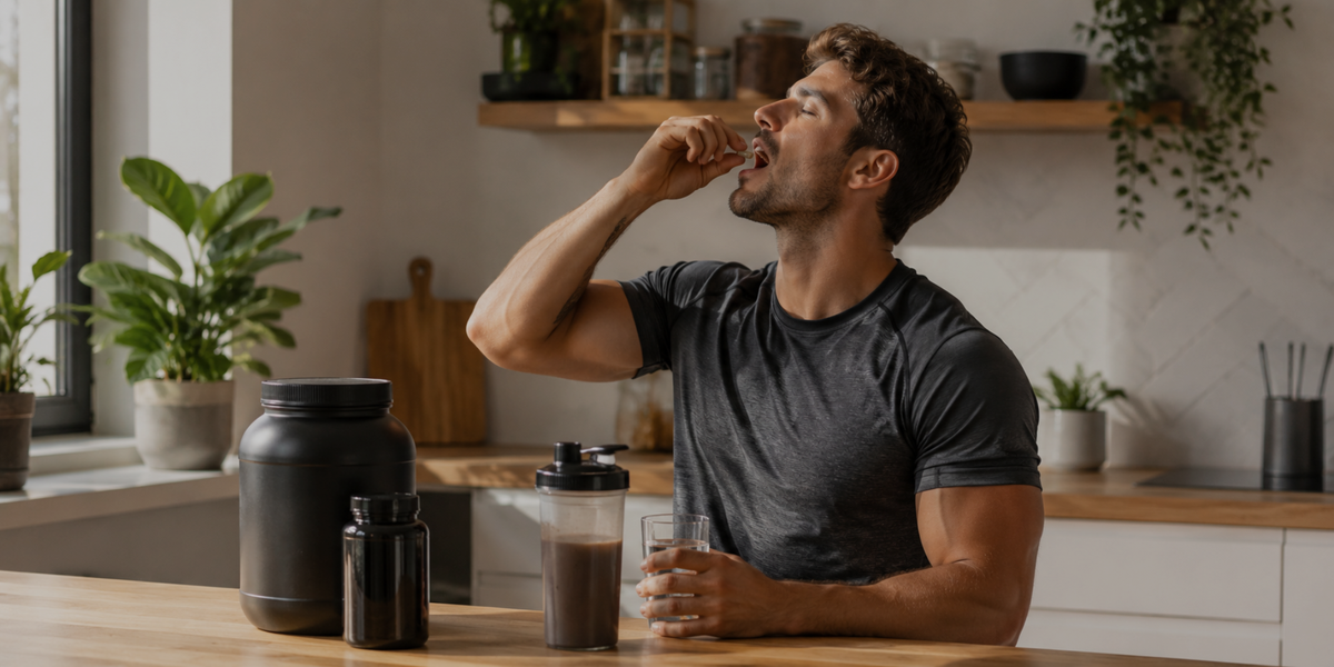 A man in a kitchen drinking from a shaker bottle, with a large black protein powder container and a smaller jar on the table in front of him.