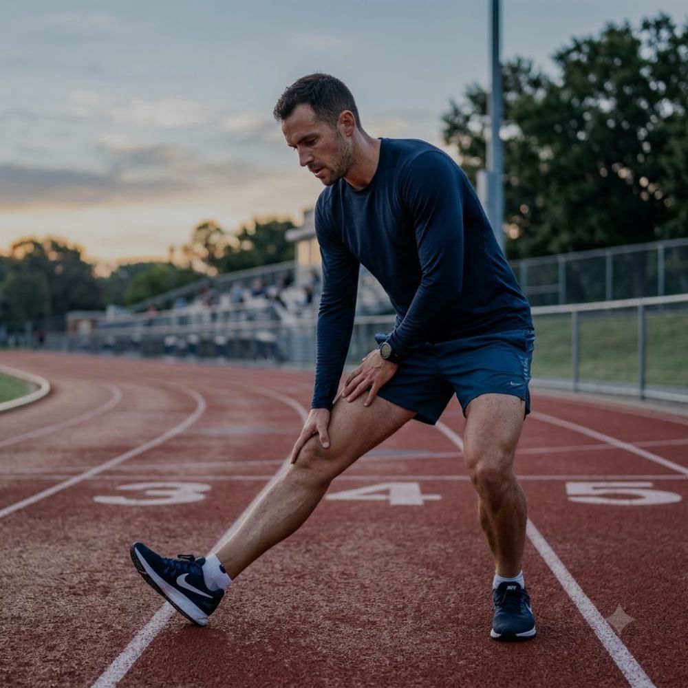 A man in a navy blue long-sleeve athletic shirt and matching shorts stretches on a red running track at sunset.