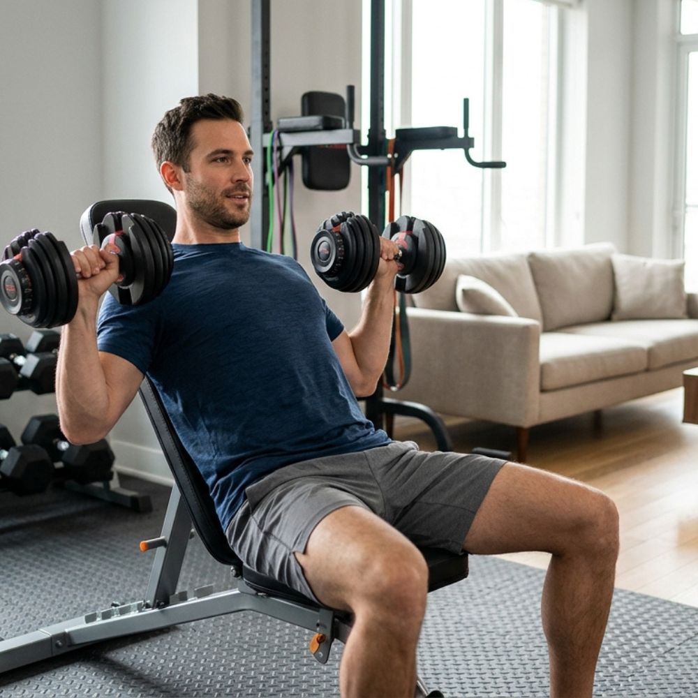 A man in a gym setting, seated on a weight bench and lifting dumbbells, wearing a navy blue t-shirt and gray athletic shorts. A beige sofa and other gym equipment are visible in the background.