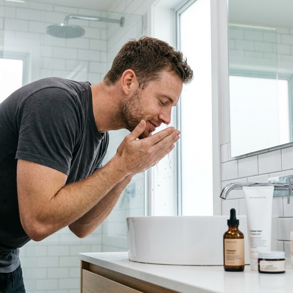 A man washing his face at a bathroom sink with skincare products visible on the counter, including a white tube and an amber dropper bottle.