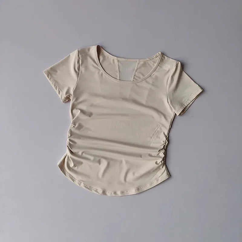 Women’s Breathable Mesh Pleated Waist Yoga Sports Top