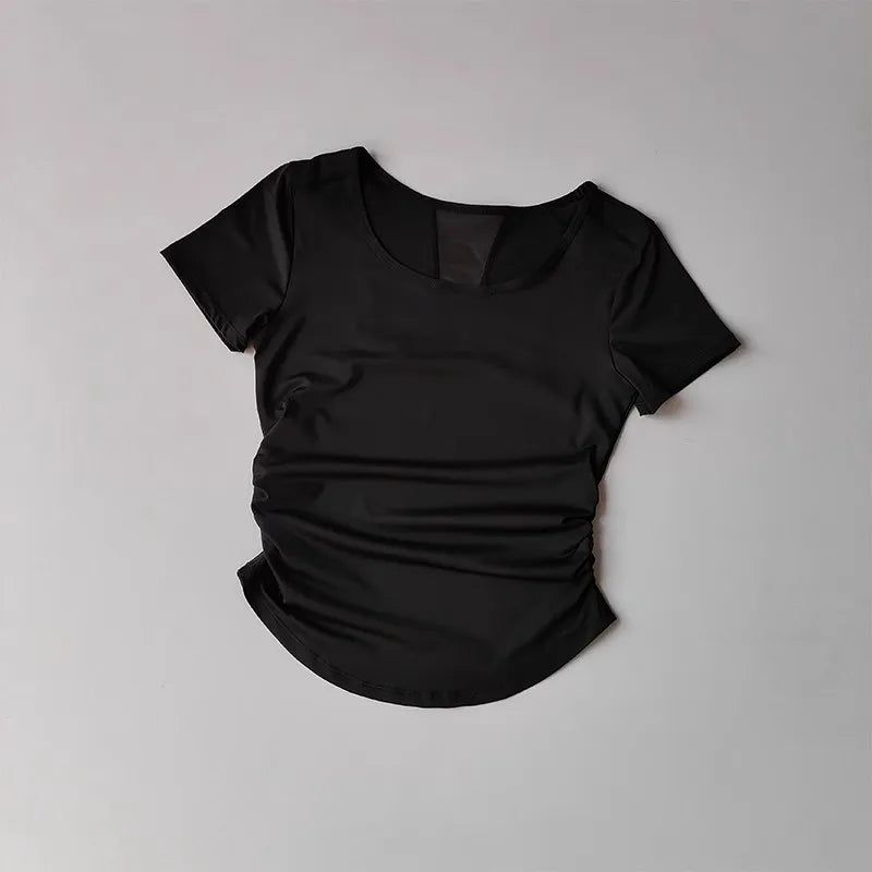 Women’s Breathable Mesh Pleated Waist Yoga Sports Top