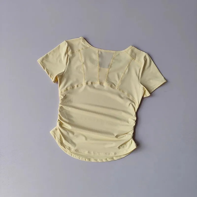 Women’s Breathable Mesh Pleated Waist Yoga Sports Top