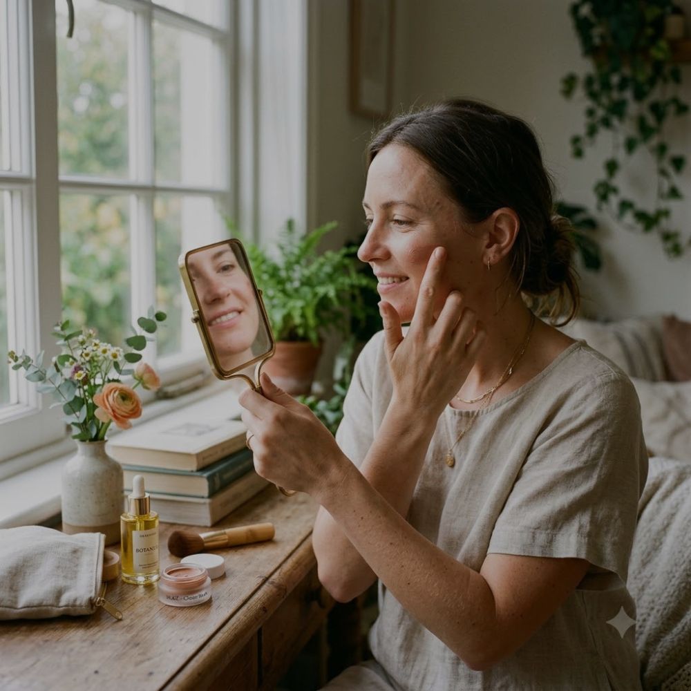 A woman in a beige linen top applies cream to her face while looking at her reflection in a handheld gold-framed mirror, set in a cozy, sunlit room with a wooden table, skincare items, and potted plants.