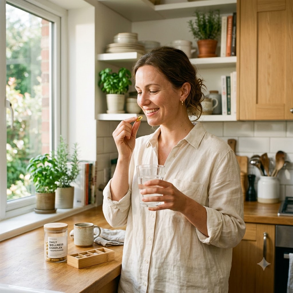 A woman in a light beige linen shirt stands in a bright, sunlit kitchen, holding a glass of water and eating a small green piece of fruit. Wooden cabinets, white subway tiles, and potted plants are visible in the background.